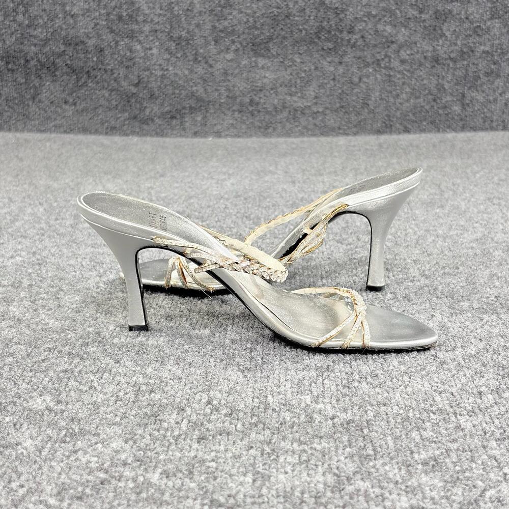 Stuart Weitzman Shoes Womens 6 Silver Rhinestone Strappy Mule Sandal Heels Spain